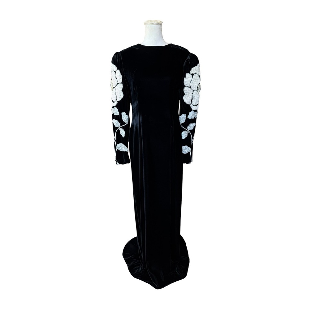 Vintage‎ Bill Blass Black Velvet Beaded Floral Gown ILGWU 12